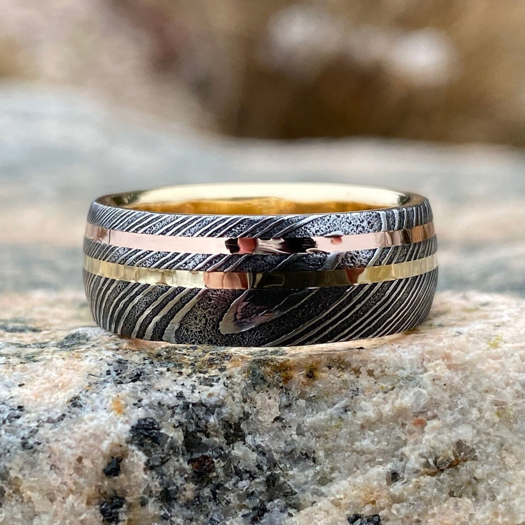 8mm Wide Damascus Steel Ring with Dual 14k Rose & Yellow Gold Off Center Grooves and a 14k Solid Gold Sleeve