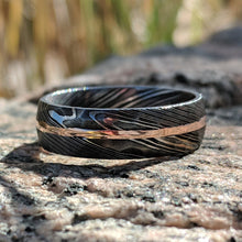 8mm Wide Hammered Damascus Steel Wedding Bands with 14k Solid Rose Gold Inlay