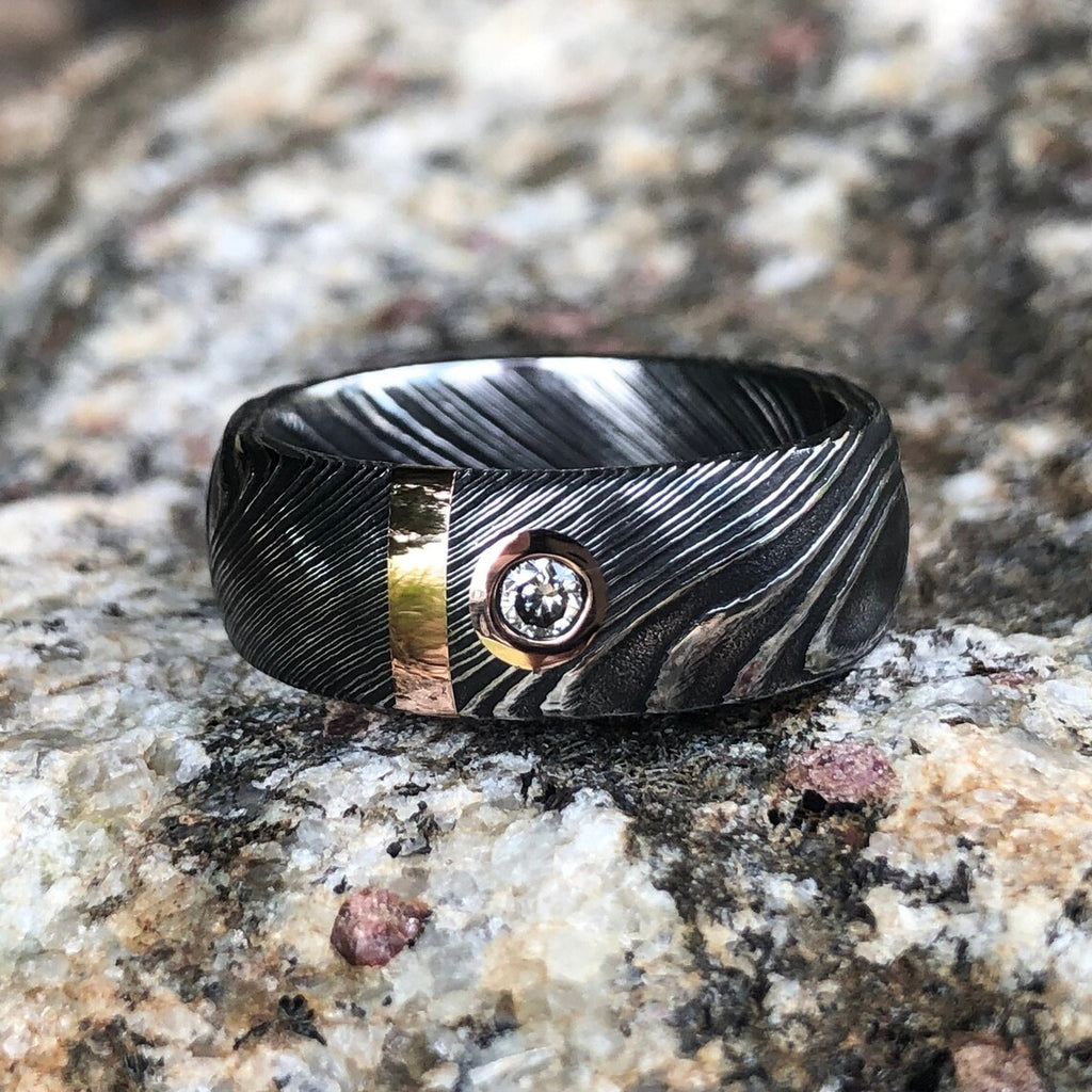 8mm Wide Damascus Steel Band with 14k Solid Rose Gold Inlay And Genuine Diamond
