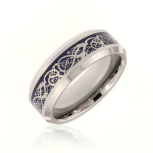 8mm Heavy Tungsten Carbide Men's Ring, Blue Celtic Earth Design, Beveled Edges And High Polished - FREE Personalization
