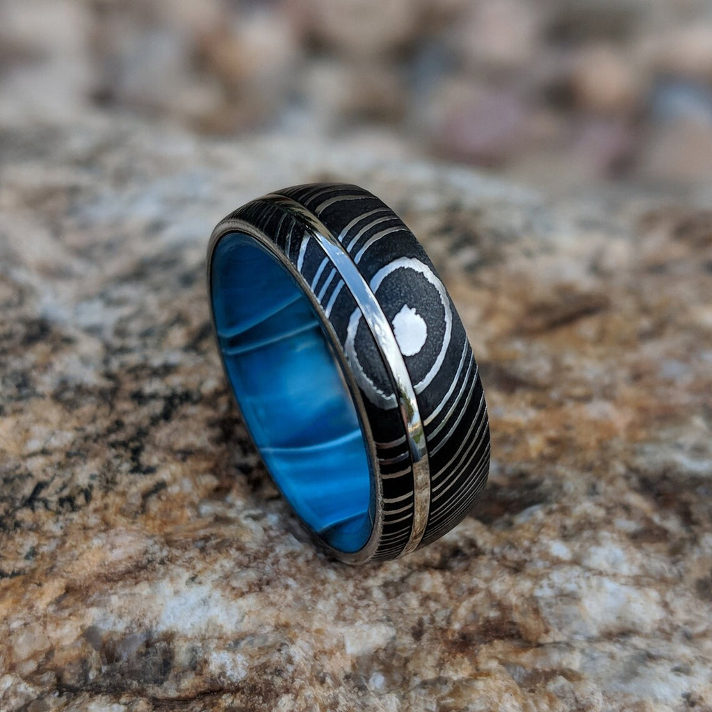 14k White Gold Damascus Wedding Band With Blue Ocean Sleeve