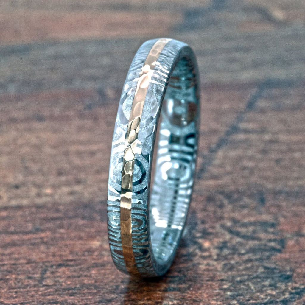 Damascus Steel Ring with a Solid 14k Gold Inlay, Hammered Damascus Wedding Band