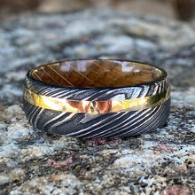 Mens Wedding Band Damascus Steel Ring 14k Yellow Gold Ring Whiskey Barrel Ring Damascus Wedding Ring