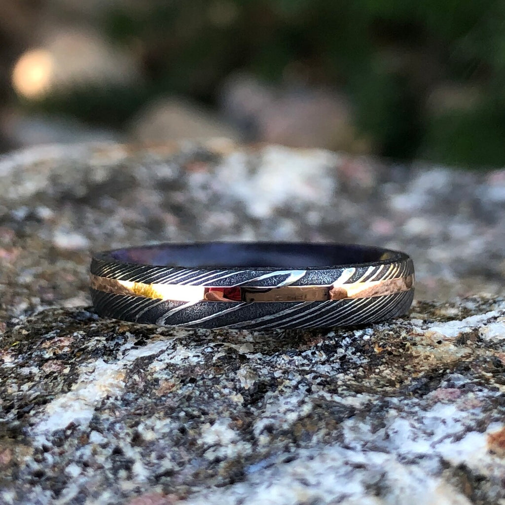 Damascus Steel Wedding Band With Purple Rain Sleeve And 14k Off-Center Rose Gold Inlay,Damascus Steel Ring