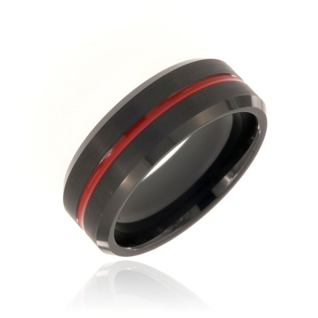 8mm Black Tungsten Carbide Men's Ring, Red Striped With Brush Finish And Beveled Edge - FREE