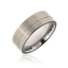 8mm Heavy Tungsten Carbide Men's Grey Ring With Brush Finish And Off Center Groove - FREE Personalization