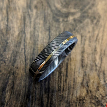 6mm Wide Damascus Steel Ring with 14k Yellow Gold Inlay