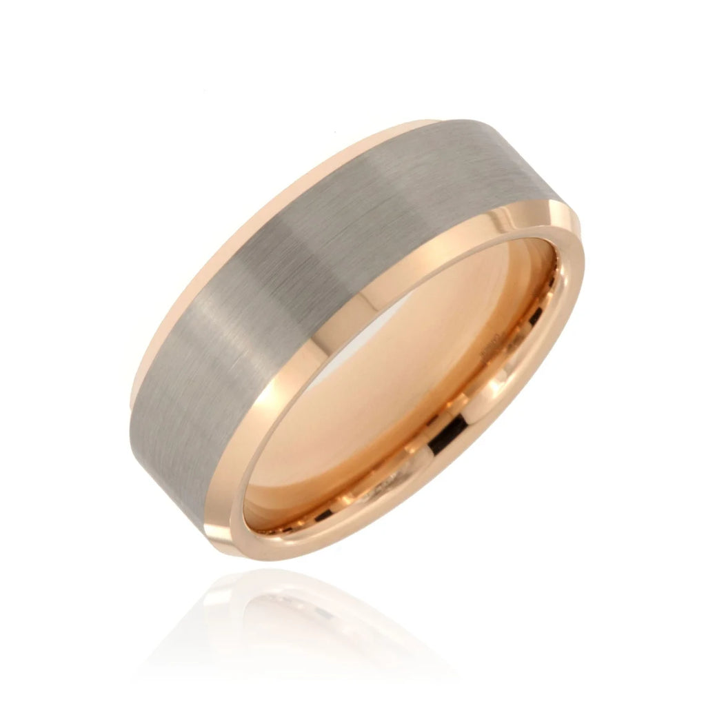 8mm Heavy Tungsten Carbide Men's Two Tone Ring, Grey Brush Band With Rose Gold Beveled Edge - FREE Personalization