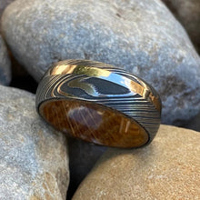 Mens Wedding Band Damascus Steel Ring 14k White Gold Ring Whiskey Barrel Ring Wood Sleeve Ring