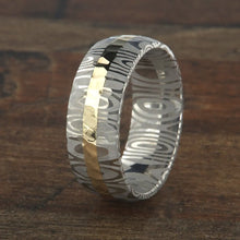 New 8mm Wide Damascus Steel Ring with a Solid 14k Gold Inlay