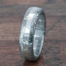 New 6mm Wide Damascus Steel Ring with Solid Silver Inlay, Damascus Wedding Band