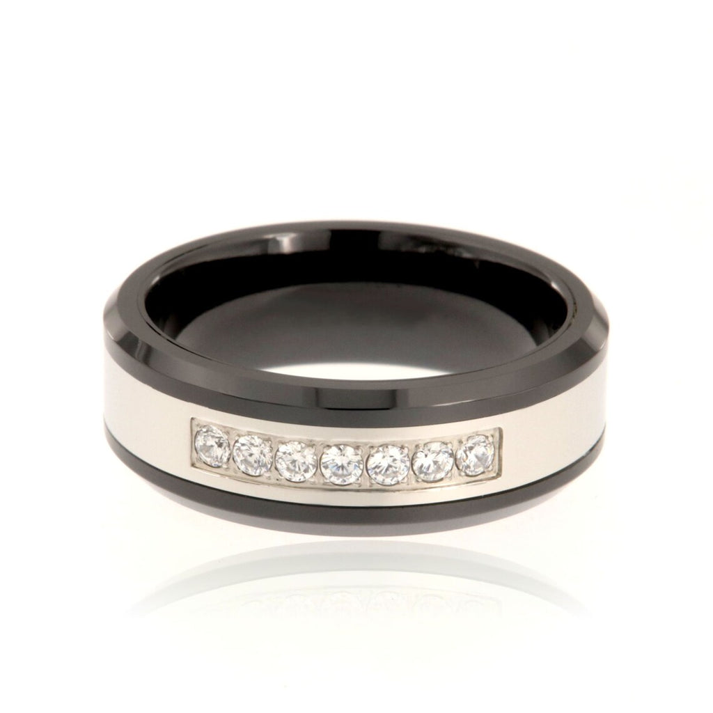 8mm Tungsten Carbide Men's Ring With Two Tone High Polish Finish, Beveled Edges And AAA Zircon Inlay - FREE Personalization