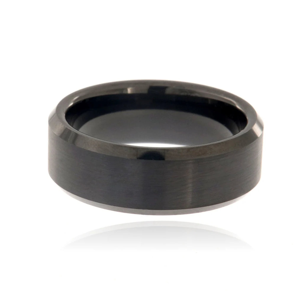 8mm Beveled Heavy Tungsten Carbide Ring With Black Finish & Free Personalization