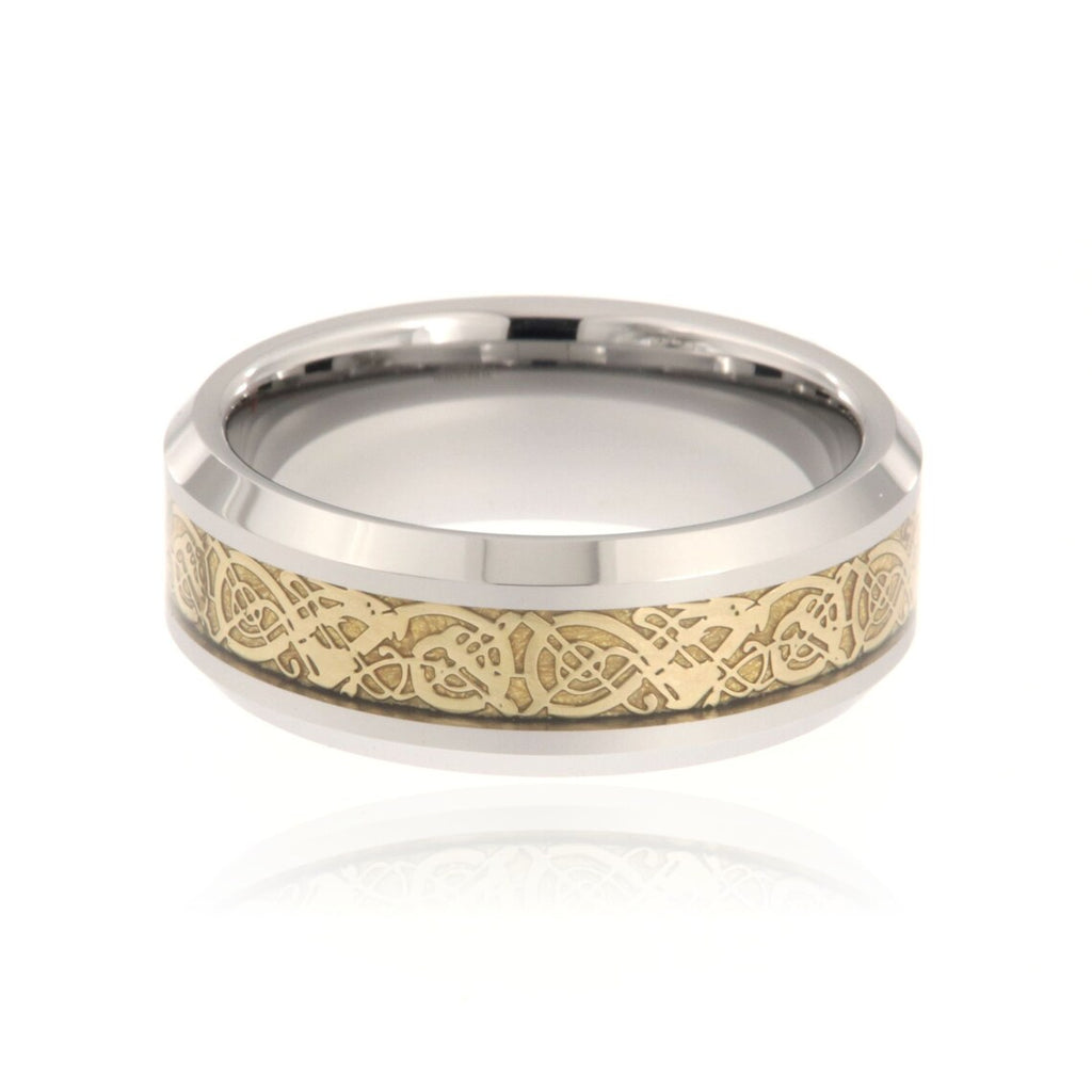 8mm Heavy Tungsten Carbide Ring With Polished Finish Celtic Center Inlay And Beveled Edges - FREE Personalization