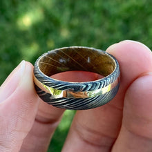 Mens Wedding Band Damascus Steel Ring 14k Yellow Gold Ring Whiskey Barrel Ring Damascus Wedding Ring