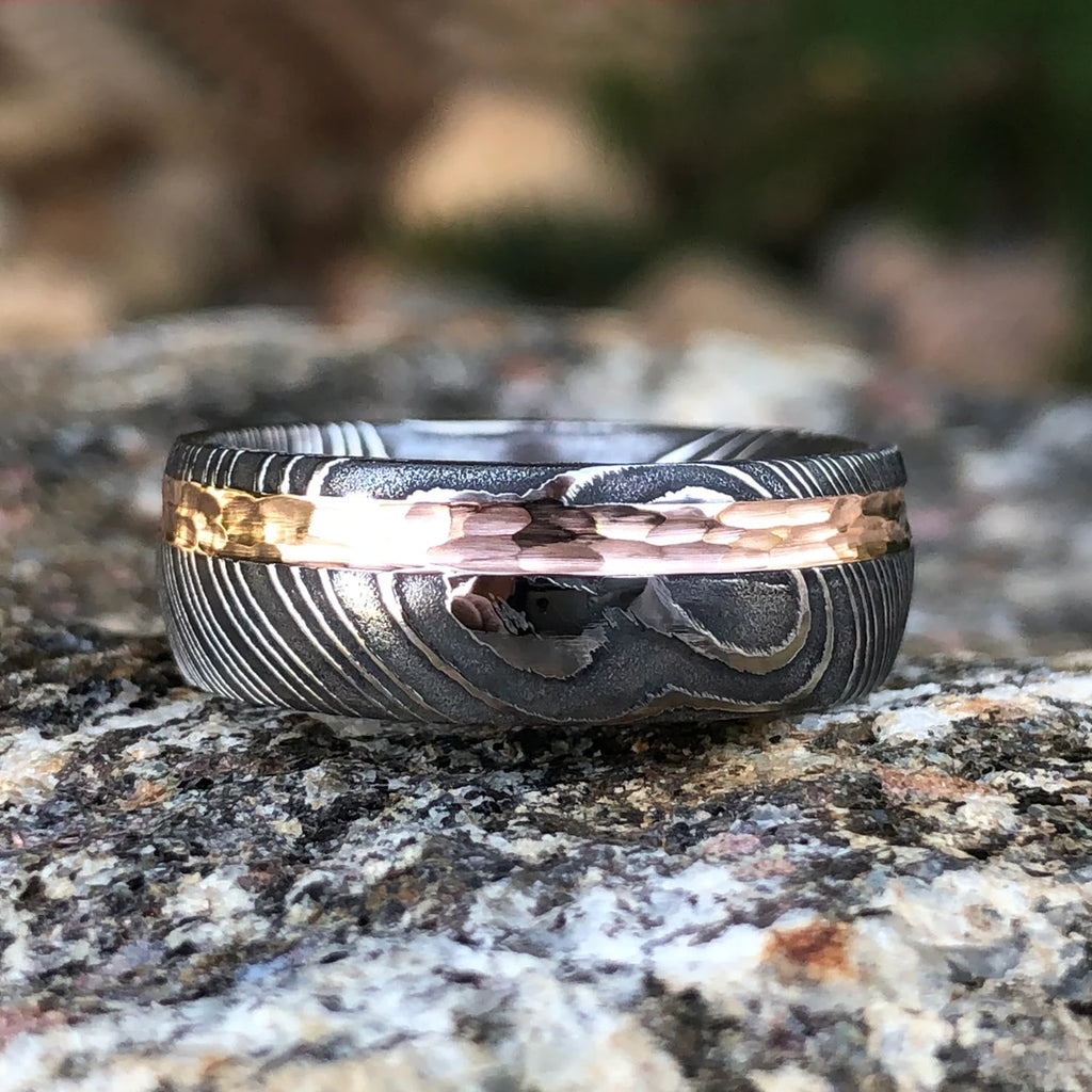 14k Rose Gold Damascus Steel Ring Custom USA Made Rings