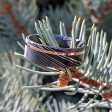 New 8mm Wide Damascus Steel Ring with 14k Solid Rose Gold Inlay, 8mm Damascus Wedding Band