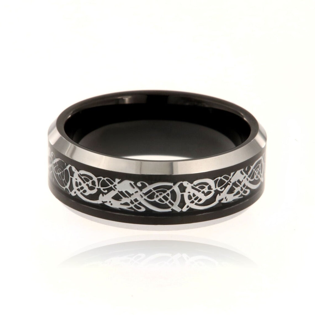 8mm Heavy Tungsten Carbide Ring With Two Tone Finish And Celtic Earth Design - FREE Personalization