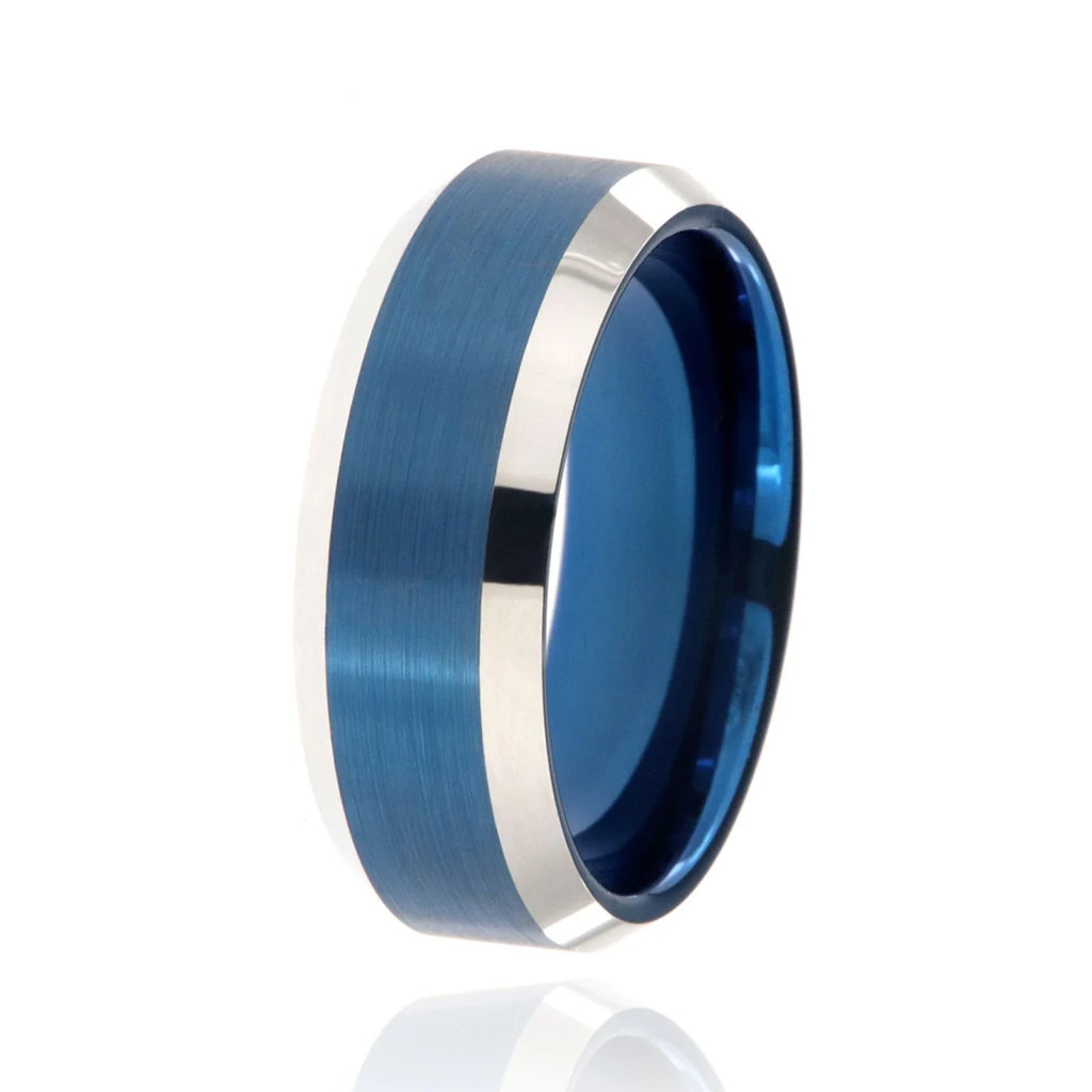 8mm Heavy Tungsten Carbide Men's Ring, Brush Finish Blue Anodizing And High Polished Beveled Edges - FREE Personalization