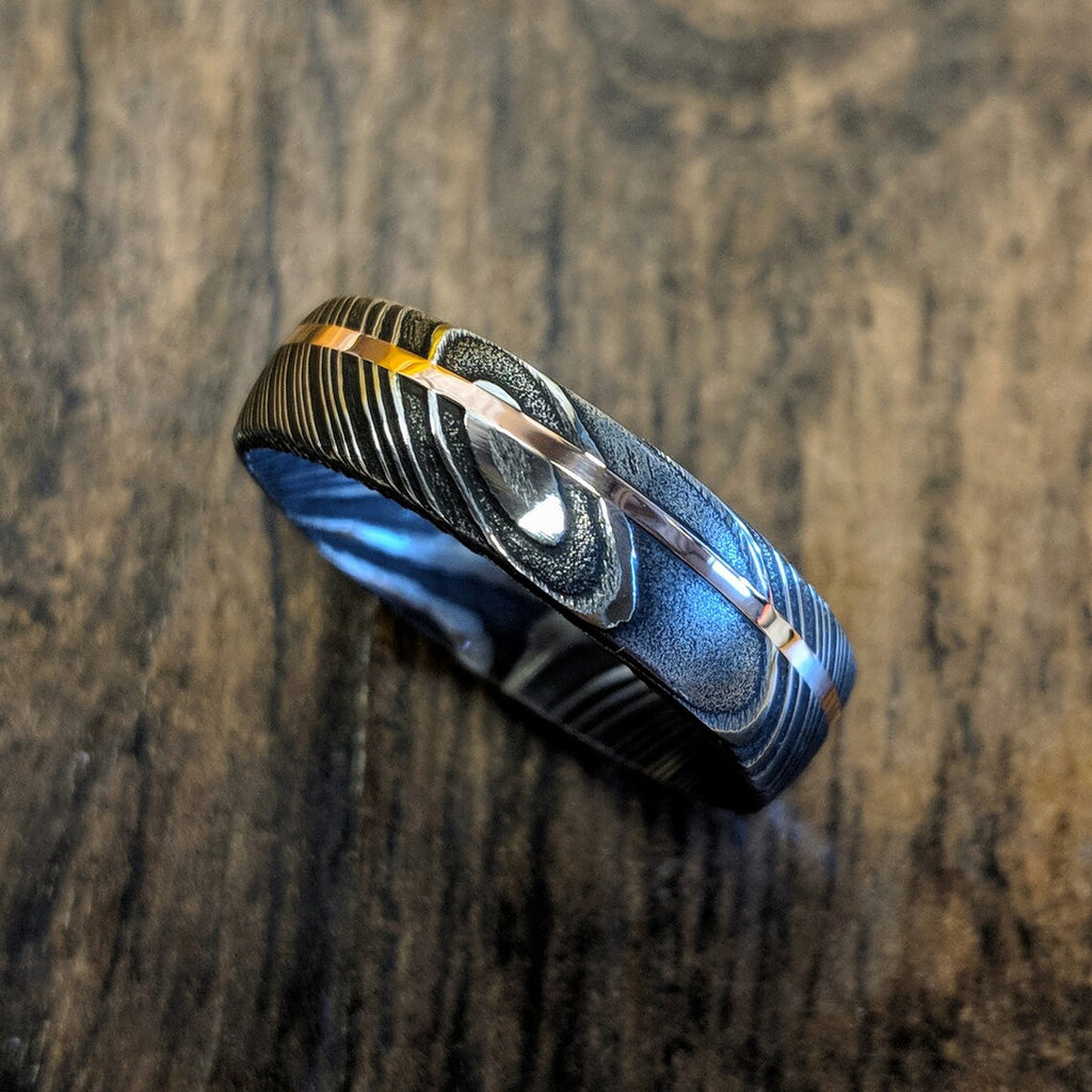 6mm Wide Damascus Steel Ring with 14k Rose Gold Inlay