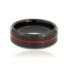 8mm Black Tungsten Carbide Men's Ring, Red Striped With Brush Finish And Beveled Edge - FREE