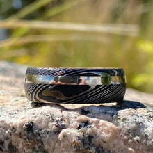 Mens Wedding Band Damascus Steel Ring 14k White Gold Ring Whiskey Barrel Ring Wood Sleeve Ring