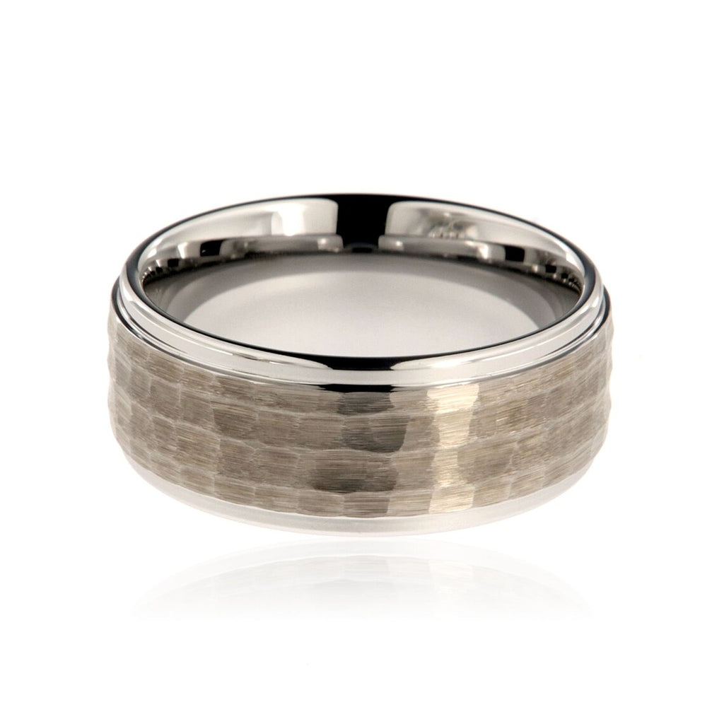 9mm Heavy Tungsten Carbide Men's Ring With Two Tone, Hammered Finish - FREE Personalization