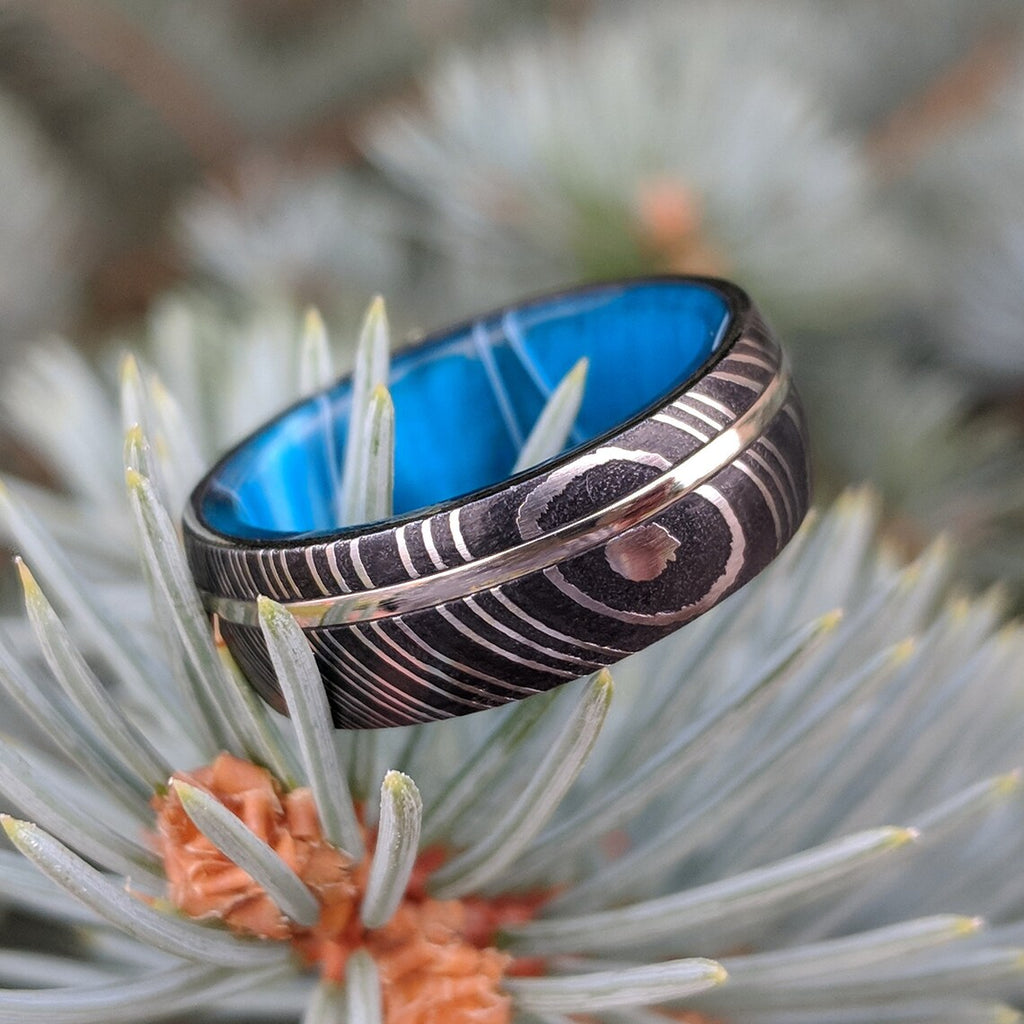 14k White Gold Damascus Wedding Band With Blue Ocean Sleeve