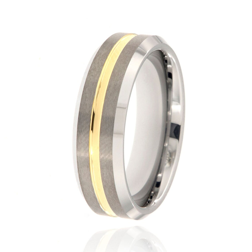 7mm Beveled Heavy Tungsten Carbide Ring With Gold Anodizing & Free Personalization