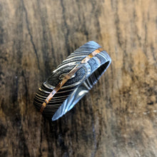 7mm Damascus Steel Ring with 14k Rose Gold Inlay - Men's Wedding Band
