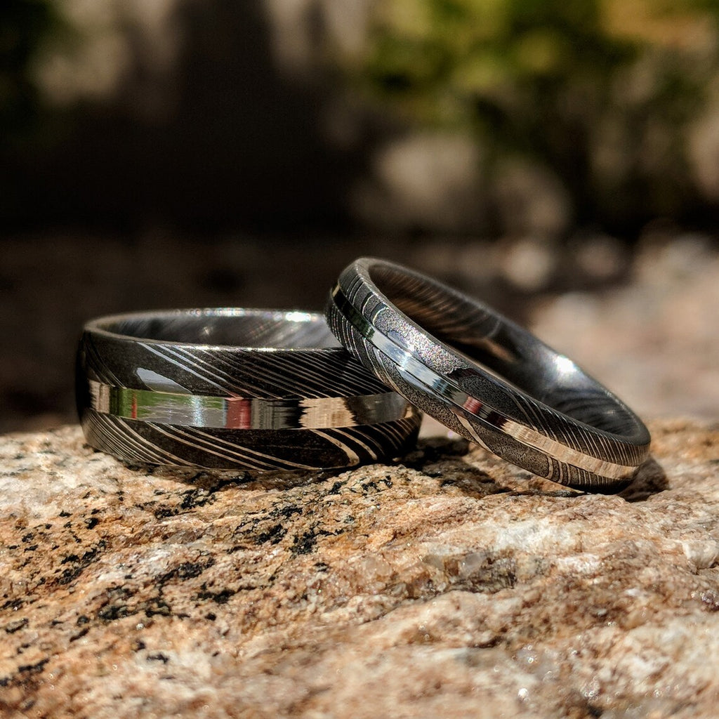 4mm and 8mm Wide Matching Damascus Steel Wedding Ring Set w/ Matching Sterling Silver Inlay