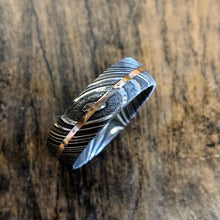 7mm Wide Damascus Steel Ring with 14k Rose Gold Inlay
