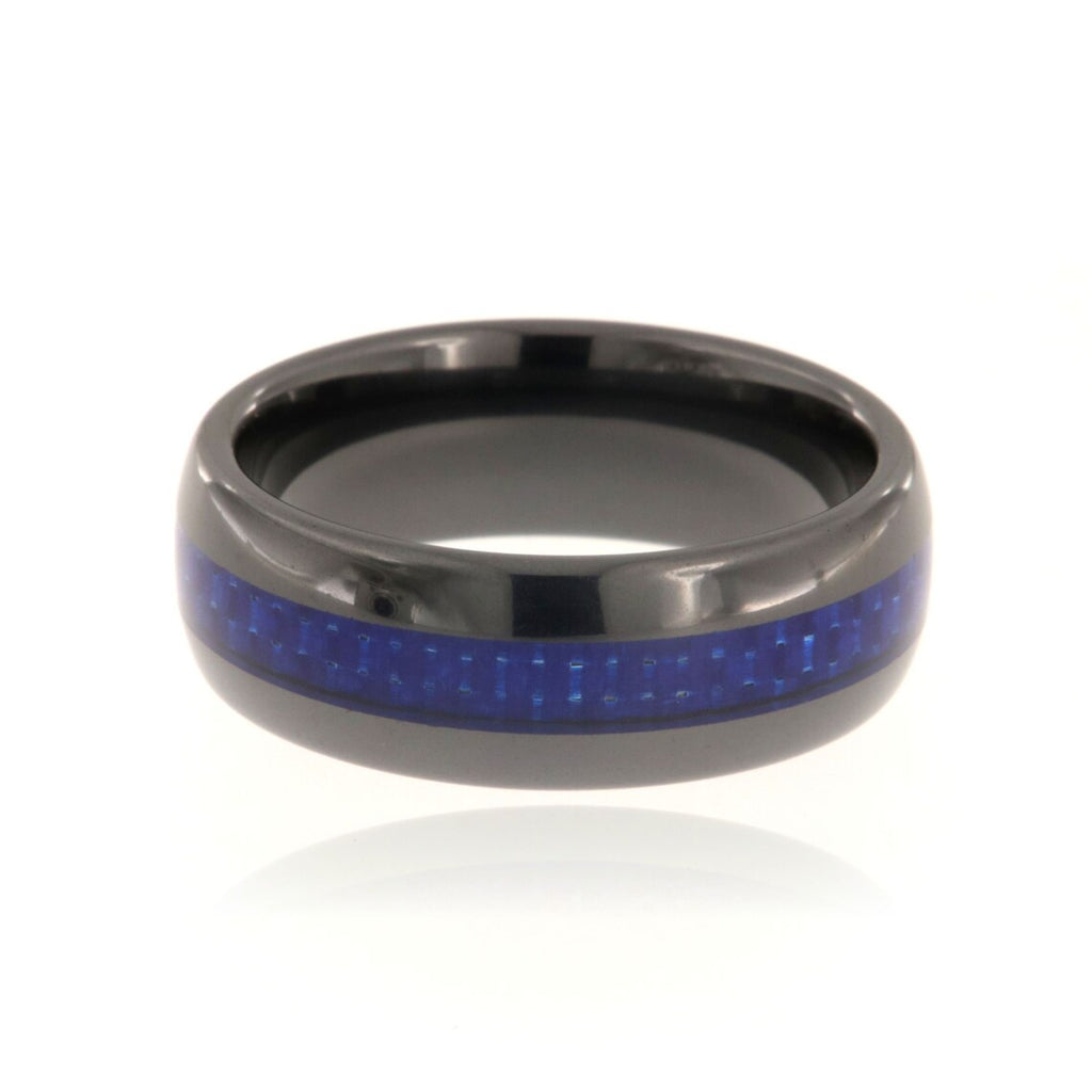 8mm Lightweight Tungsten Carbide Men's Ring With Blue Carbon Fiber Inlay And Polished Finish - FREE Personalization