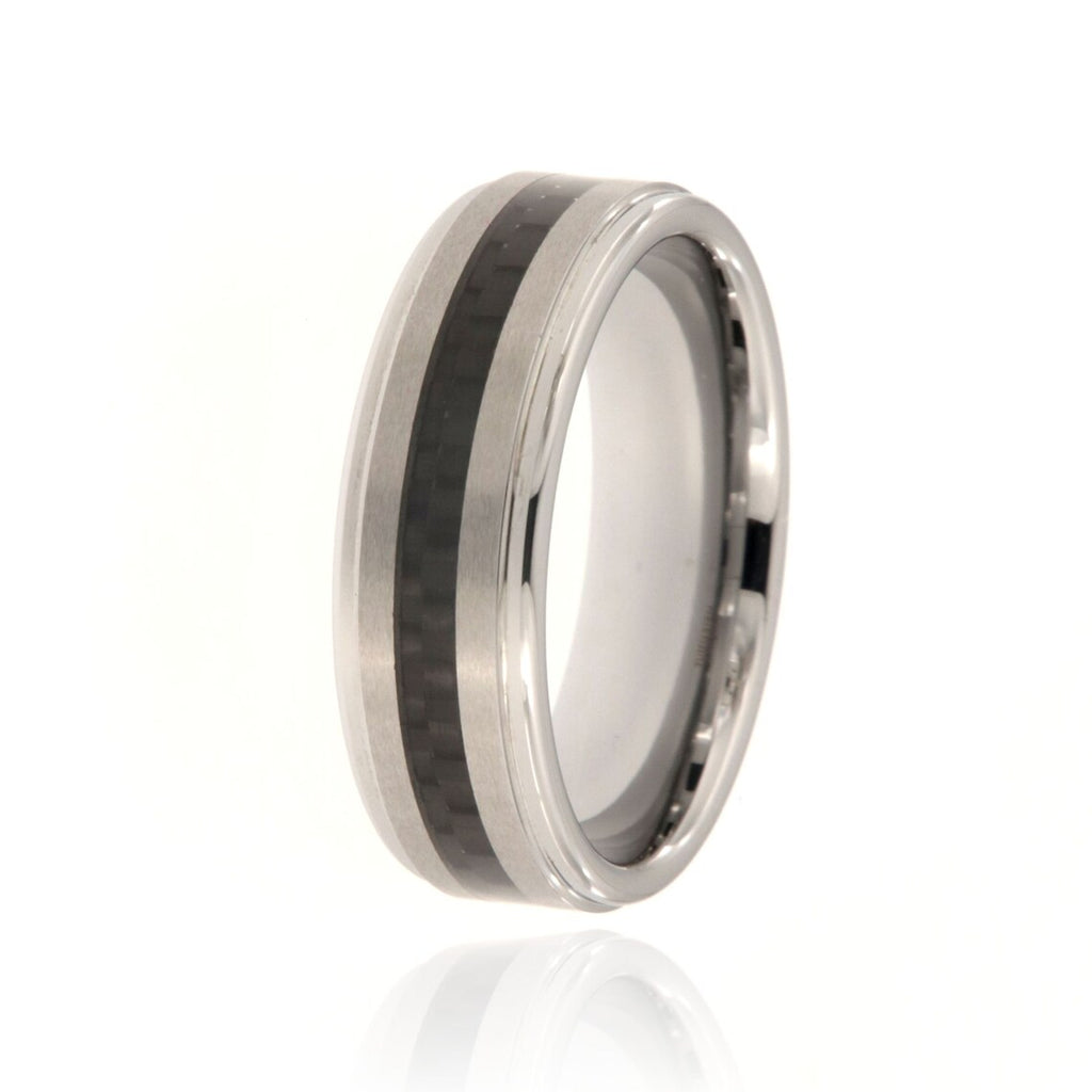 7mm Tungsten Carbide Men's Ring With Black Carbon Fiber Inlay, Brush Finish And High Polish Step Edge - FREE Personalization