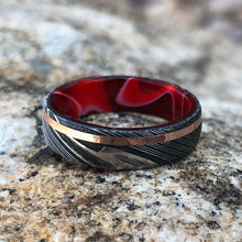 6mm Wide Damascus Steel Band with 14k Solid Rose Gold Inlay and Fire Sleeve