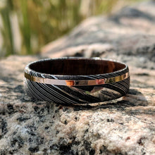 New 6mm Wide 14k Solid Rose Gold Damascus Steel Ring with Arizona Ironwood Sleeve