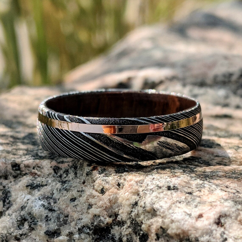 New 6mm Wide 14k Solid Rose Gold Damascus Steel Ring with Arizona Ironwood Sleeve
