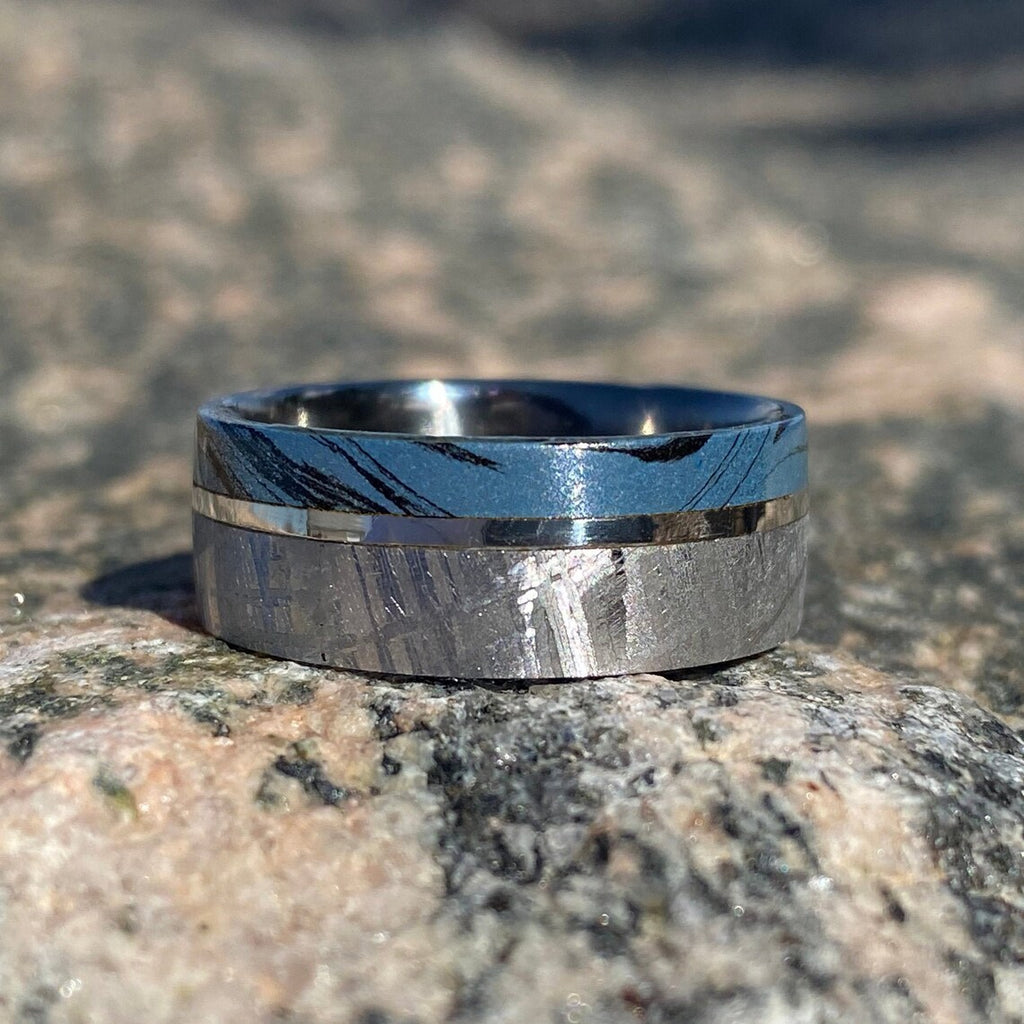 8mm Gibeon Meteorite Wedding Ring w/ Cobaltium Mokume and 14k White Gold - Authentic Genuine Meteorite Bands