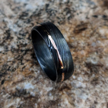 Authentic Damascus Steel Wedding Ring With 14k Rose Gold Inlay