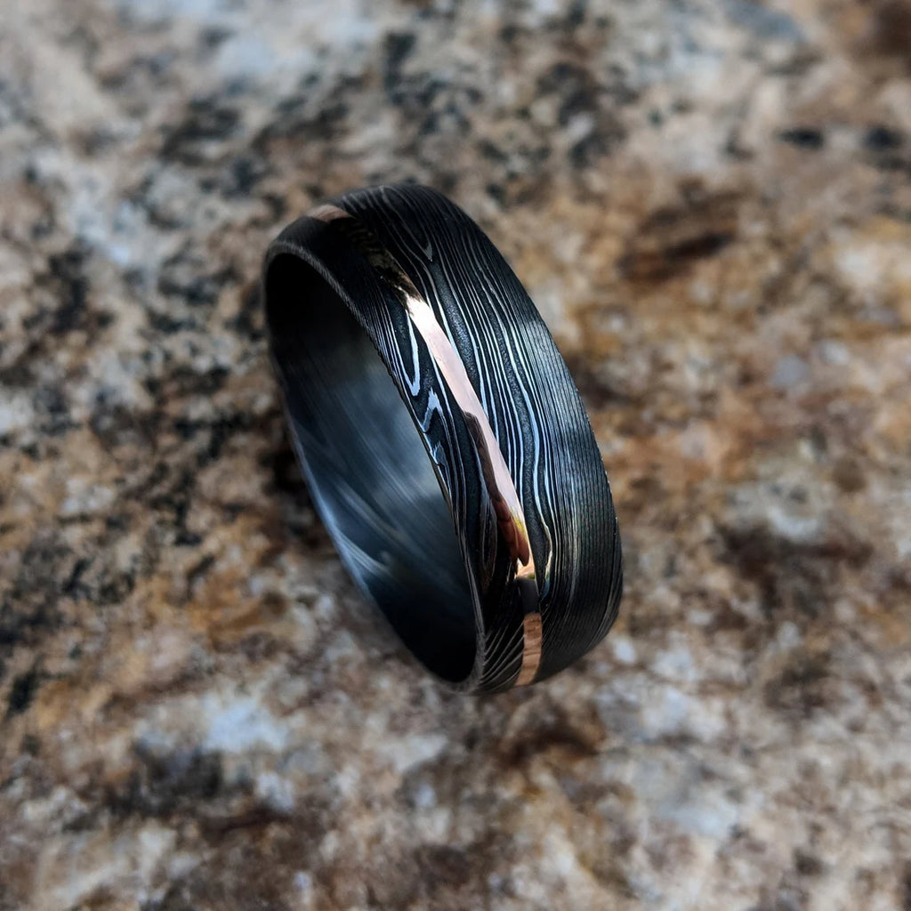 Damascus Steel Wedding Band with 14k Rose Gold Inlay