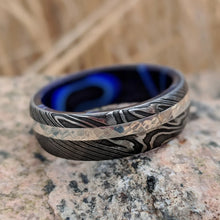 14k White Gold Damascus Wedding Band With Inside Sapphire Blue Ocean Sleeve