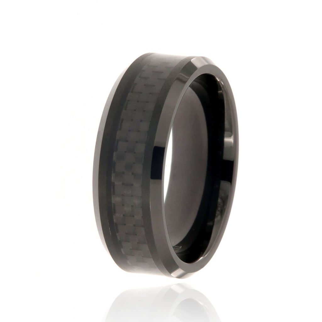 8mm Black Tungsten Carbide Men's Ring With Black Carbon Fiber Inlay, Brushed And Polished Finish - FREE Personalization