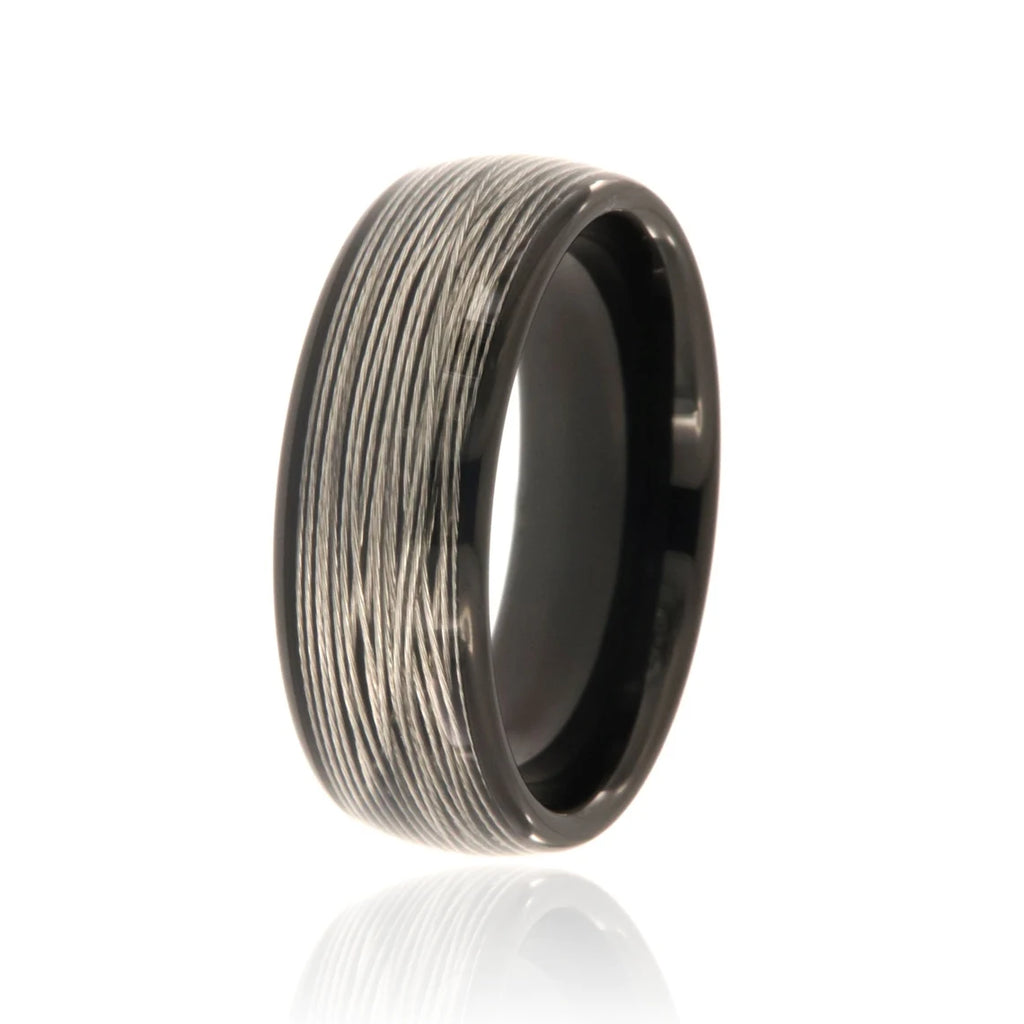 8mm Heavy Black Tungsten Carbide Ring With Center Steel Wire Inlay - FREE Personalization