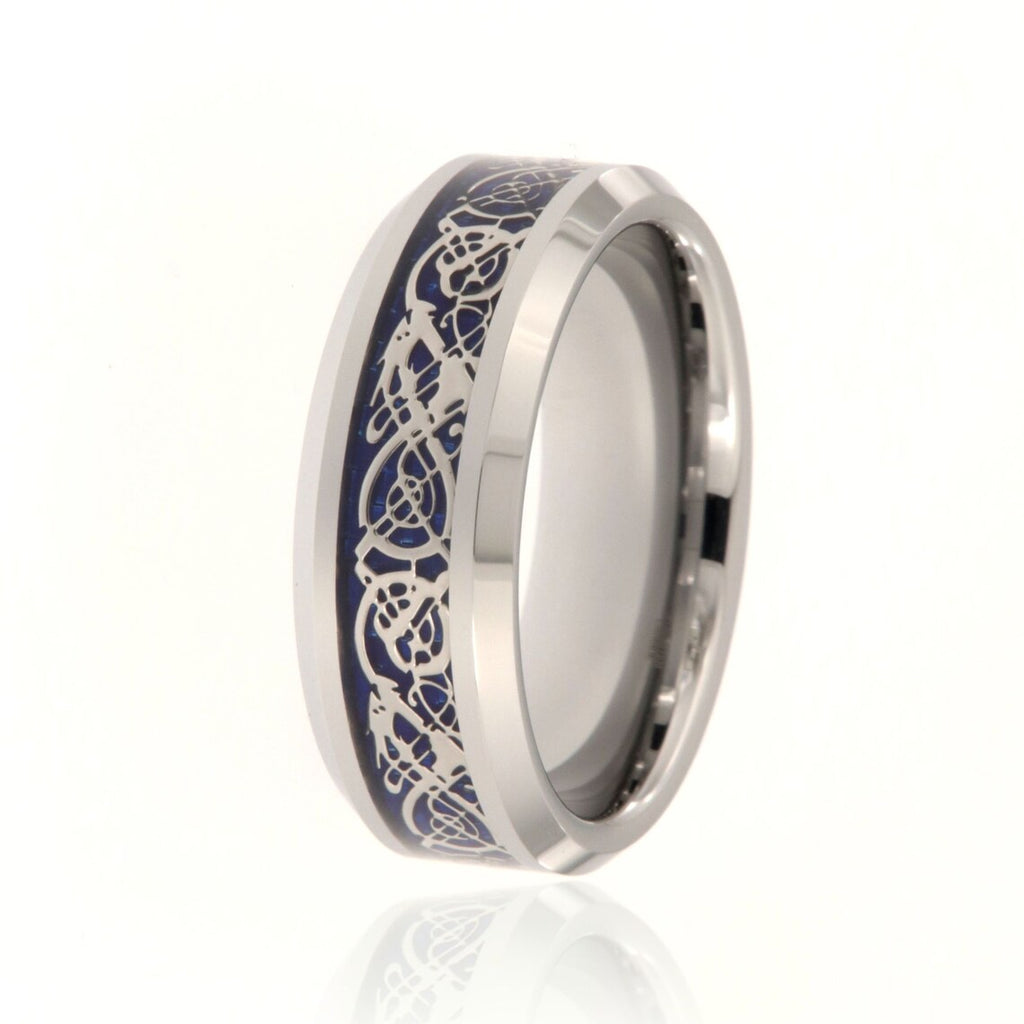 8mm Heavy Tungsten Carbide Men's Ring, Blue Celtic Earth Design, Beveled Edges And High Polished - FREE Personalization