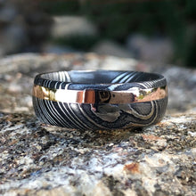 New 8mm Wide Damascus Steel Ring with 14k Solid Rose Gold Inlay