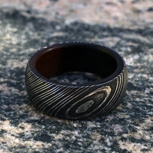 8mm Wide Damascus Steel Band with an Ironwood Sleeve