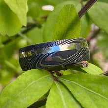 Mens Wedding Band Damascus Steel Ring 14k White Gold Ring Whiskey Barrel Ring Wood Sleeve Ring