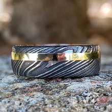 Mens Wedding Band Damascus Steel Ring 14k Yellow Gold Ring Whiskey Barrel Ring Damascus Wedding Ring