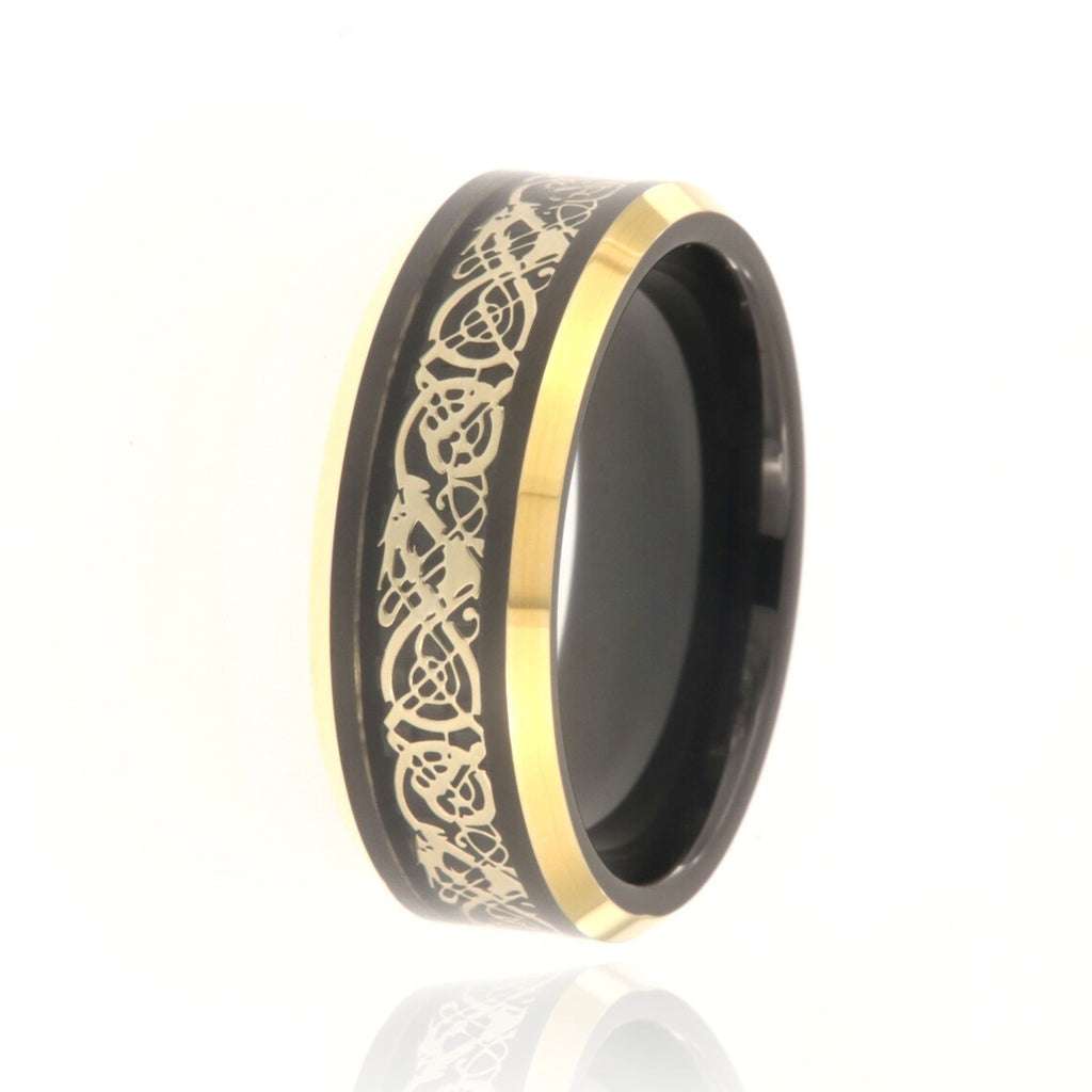 8mm Heavy Tungsten Carbide Men's Ring, Yellow & Black Celtic Earth Design, Two Tone High Polished - FREE Personalization