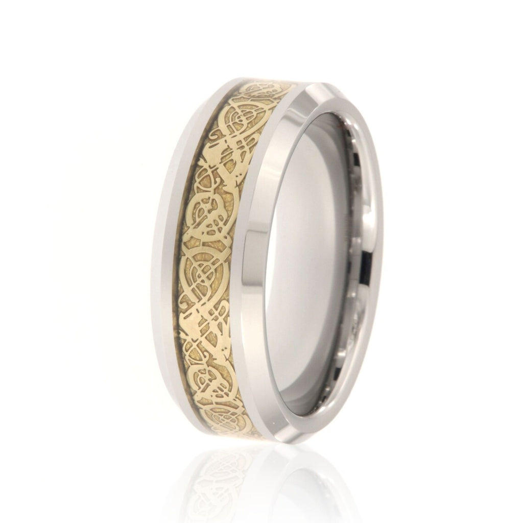 8mm Heavy Tungsten Carbide Ring With Polished Finish Celtic Center Inlay And Beveled Edges - FREE Personalization